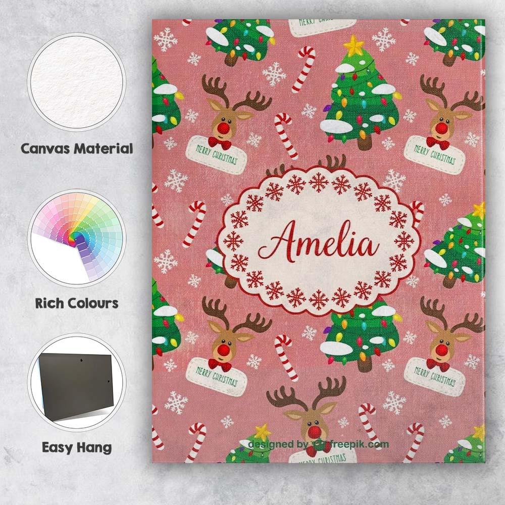 Personalised Name Cute Reindeer Christmas Custom  Unique Gift Idea Elegant Feature Canvas Wall Art Print Decor Picture Ready to Hang