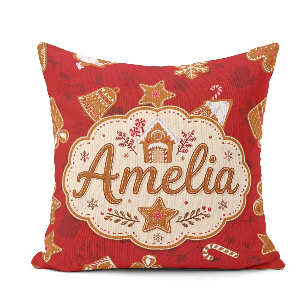 Custom Name Gingerbread House Candy Cookies Red Festive Seamless Square Filled Cushion Throw Pillow Sofa Bed Home Decor Zip Washable UK Made