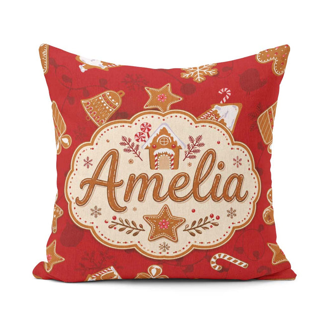 Custom Name Gingerbread House Candy Cookies Red Festive Seamless Square Filled Cushion Throw Pillow Sofa Bed Home Decor Zip Washable UK Made