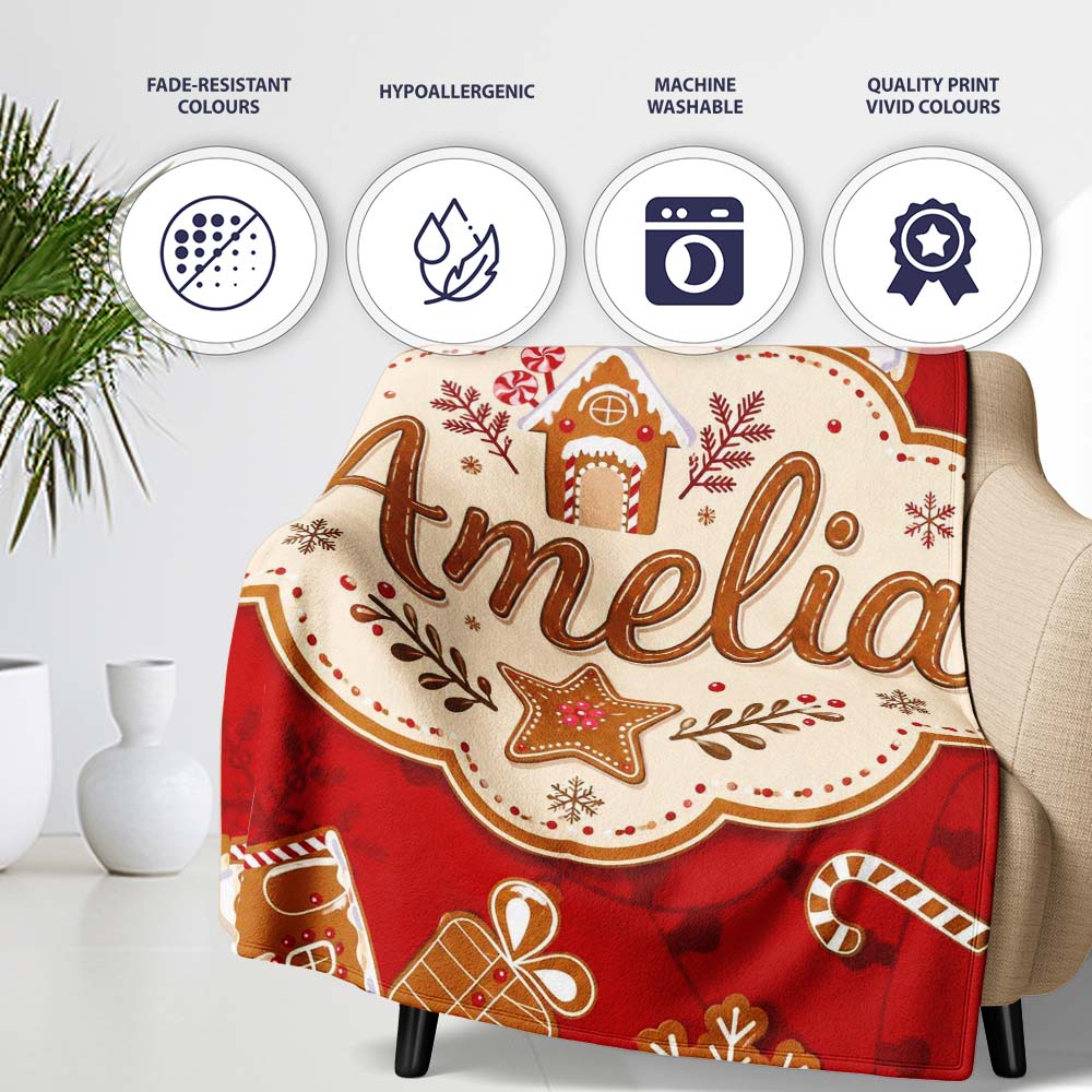 Gingerbread House Candy Cane Cookies Red Festive Seamless Pattern  Personalised Custom Name Super Soft Fleece Blanket Bed Sofa Throw