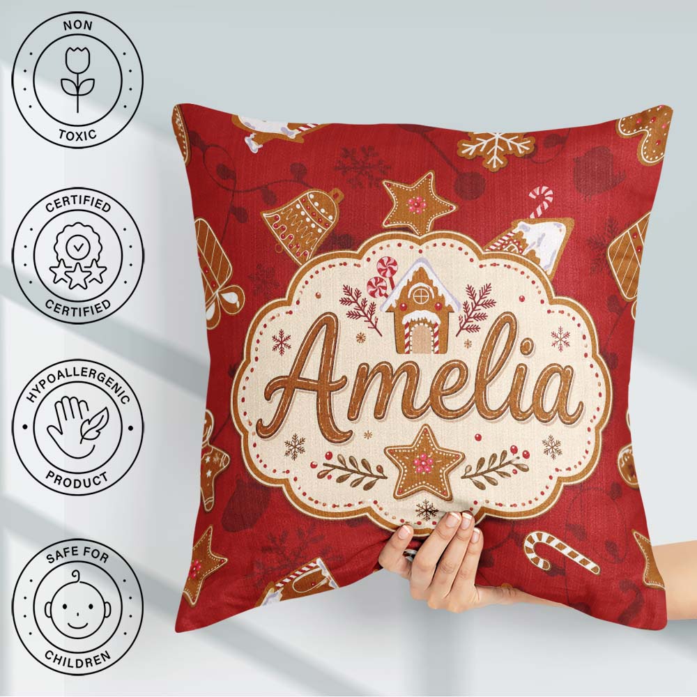 Custom Name Gingerbread House Candy Cookies Red Festive Seamless Square Filled Cushion Throw Pillow Sofa Bed Home Decor Zip Washable UK Made