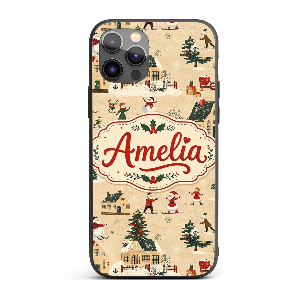 Vintage Winter Village Ice Skating Christmas Custom Name Protective Phone Case Mobile Cover Durable Everyday Smartphone Shock Resistant