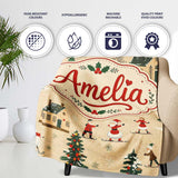 Vintage Winter Village Ice Skating Christmas Scene Seamless Pattern  Personalised Custom Name Super Soft Fleece Blanket Bed Sofa Throw