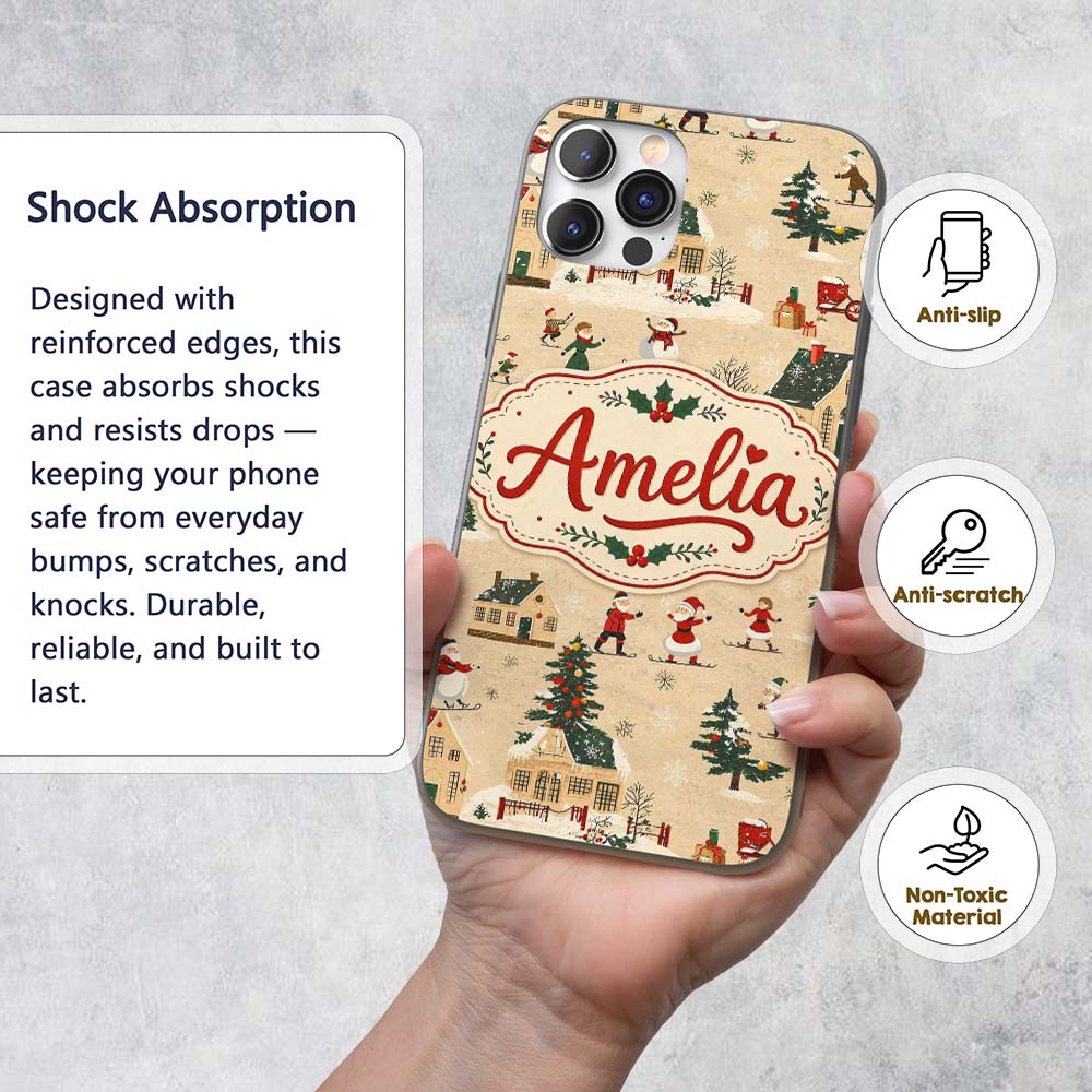 Vintage Winter Village Ice Skating Christmas Custom Name Protective Phone Case Mobile Cover Durable Everyday Smartphone Shock Resistant