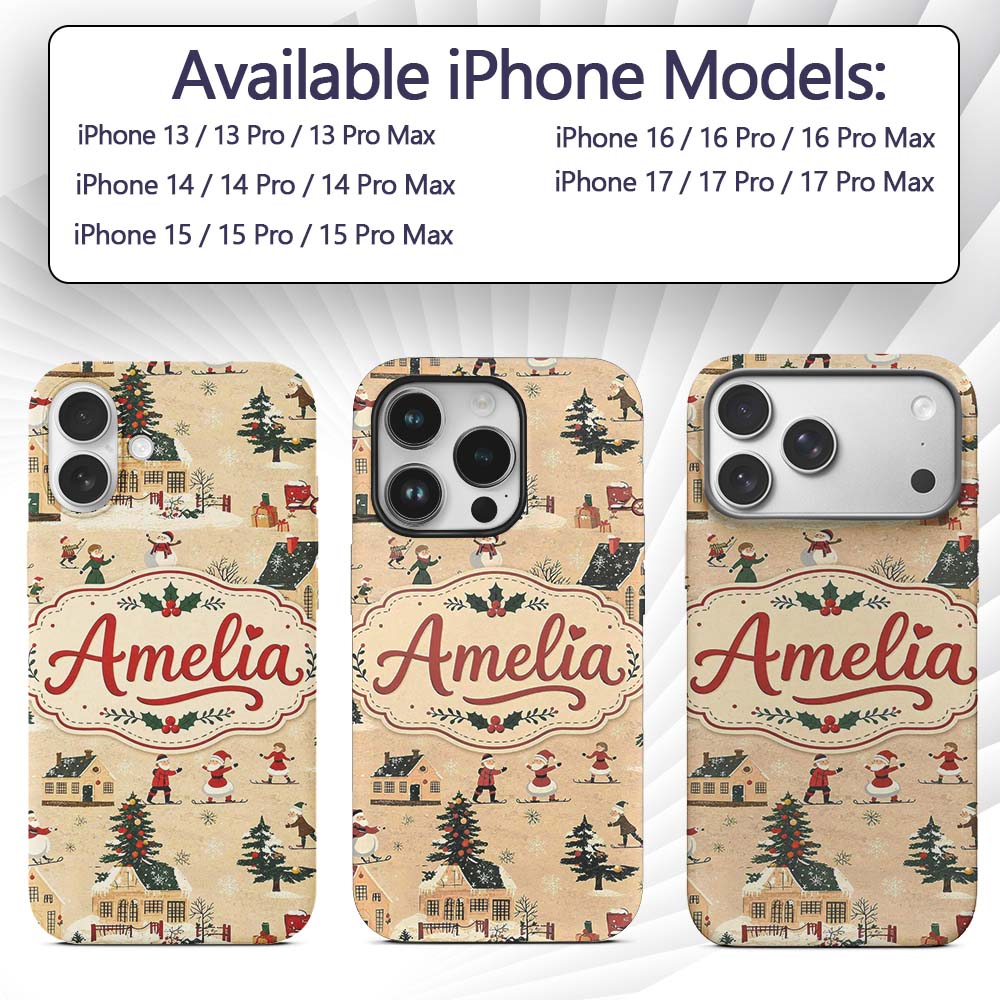 Vintage Winter Village Ice Skating Christmas Custom Name Protective Phone Case Mobile Cover Durable Everyday Smartphone Shock Resistant