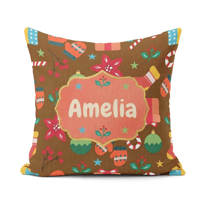 Custom Name Christmas Mittens Baubles Candy Cane Floral Seamless Square Filled Cushion Throw Pillow Sofa Bed Home Decor Zip Washable UK Made
