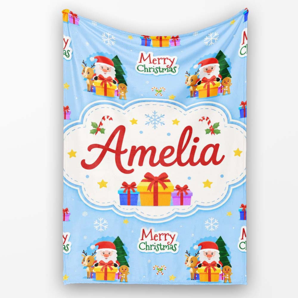 Cute Santa Reindeer Gingerbread Merry Christmas Gifts Seamless  Personalised Custom Name Super Soft Fleece Blanket Bed Sofa Throw
