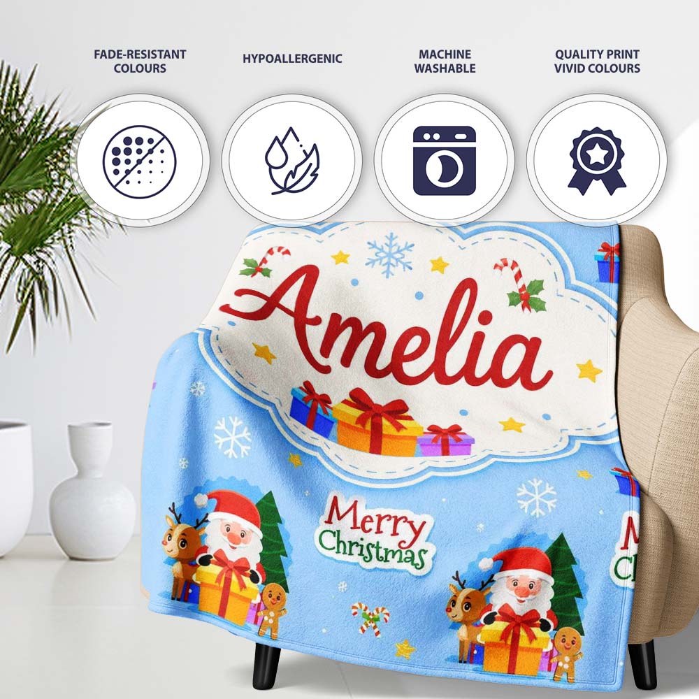 Cute Santa Reindeer Gingerbread Merry Christmas Gifts Seamless  Personalised Custom Name Super Soft Fleece Blanket Bed Sofa Throw