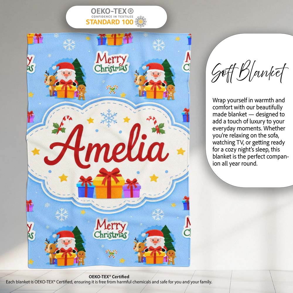 Cute Santa Reindeer Gingerbread Merry Christmas Gifts Seamless  Personalised Custom Name Super Soft Fleece Blanket Bed Sofa Throw