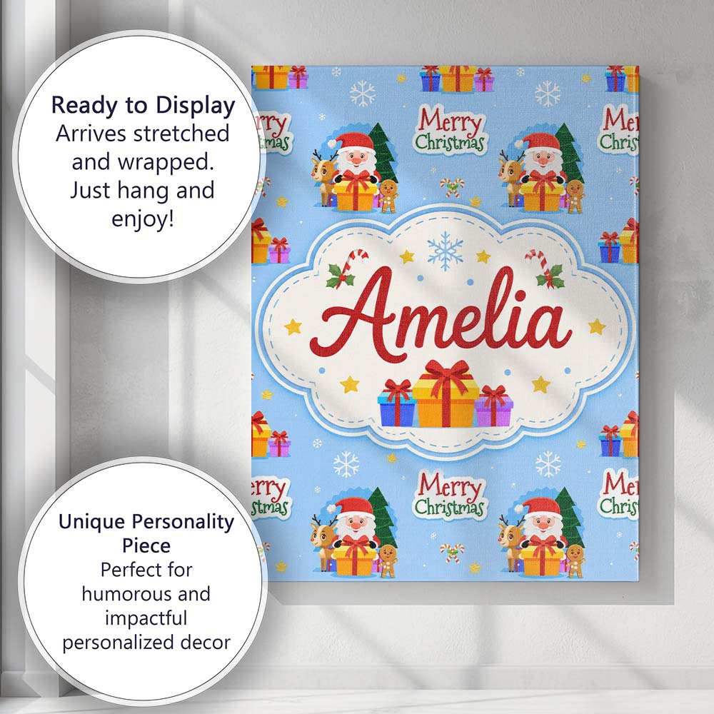 Personalised Name Cute Santa Reindeer Custom Modern Room Accent Creative Decorator Style Canvas Wall Art Print Decor Picture Ready to Hang