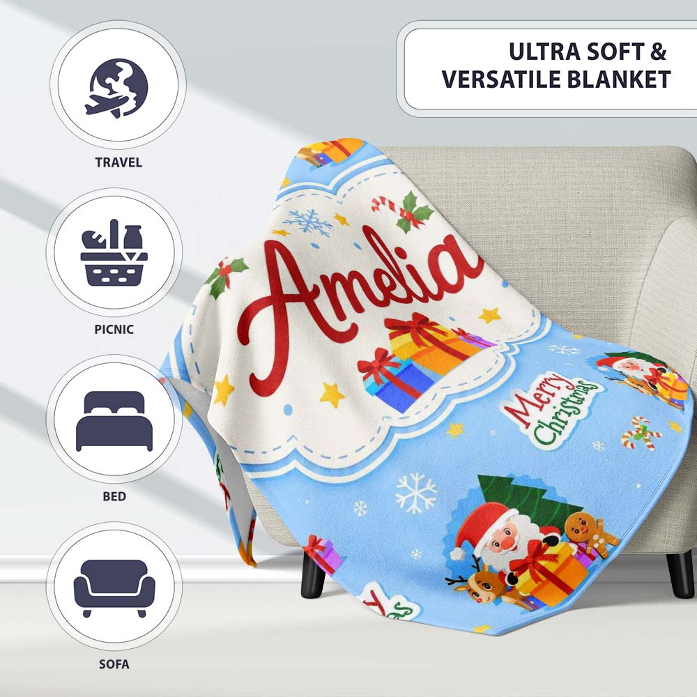 Cute Santa Reindeer Gingerbread Merry Christmas Gifts Seamless  Personalised Custom Name Super Soft Fleece Blanket Bed Sofa Throw