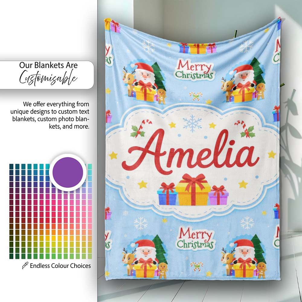 Cute Santa Reindeer Gingerbread Merry Christmas Gifts Seamless  Personalised Custom Name Super Soft Fleece Blanket Bed Sofa Throw