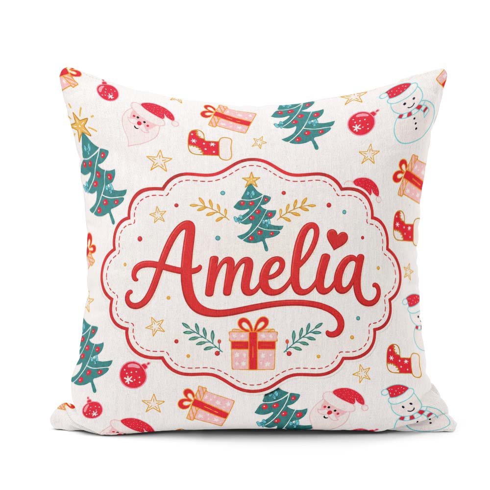 Custom Name Cute Snowman Santa Tree Gifts Stars Holiday Seamless Square Filled Cushion Throw Pillow Sofa Bed Home Decor Zip Washable UK Made