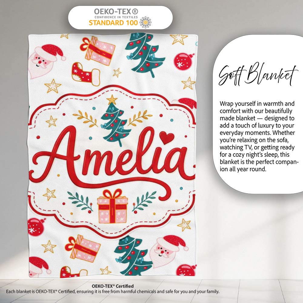 Cute Snowman Santa Tree Gifts Stars Holiday Seamless Pattern Lovely  Personalised Custom Name Super Soft Fleece Blanket Bed Sofa Throw