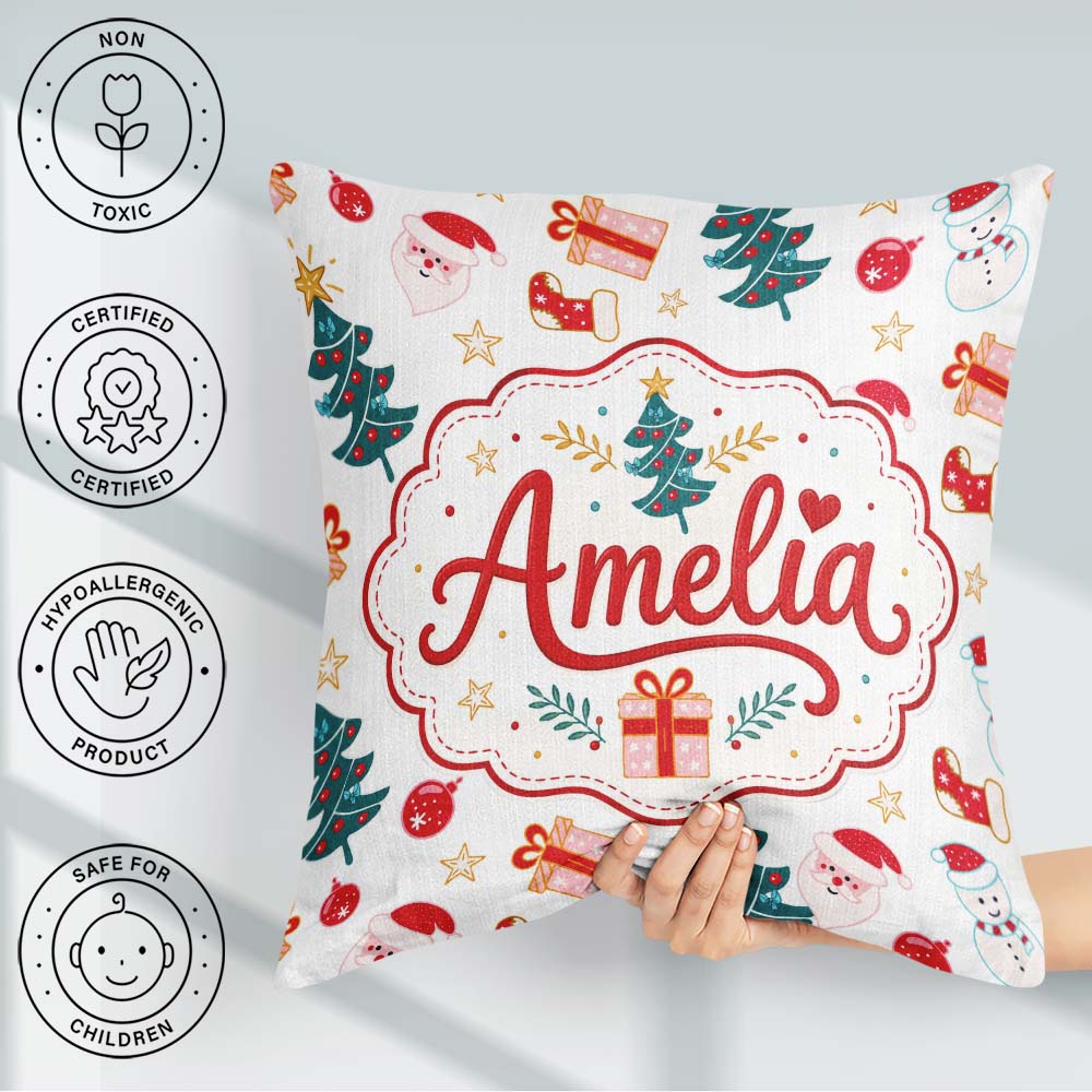 Custom Name Cute Snowman Santa Tree Gifts Stars Holiday Seamless Square Filled Cushion Throw Pillow Sofa Bed Home Decor Zip Washable UK Made