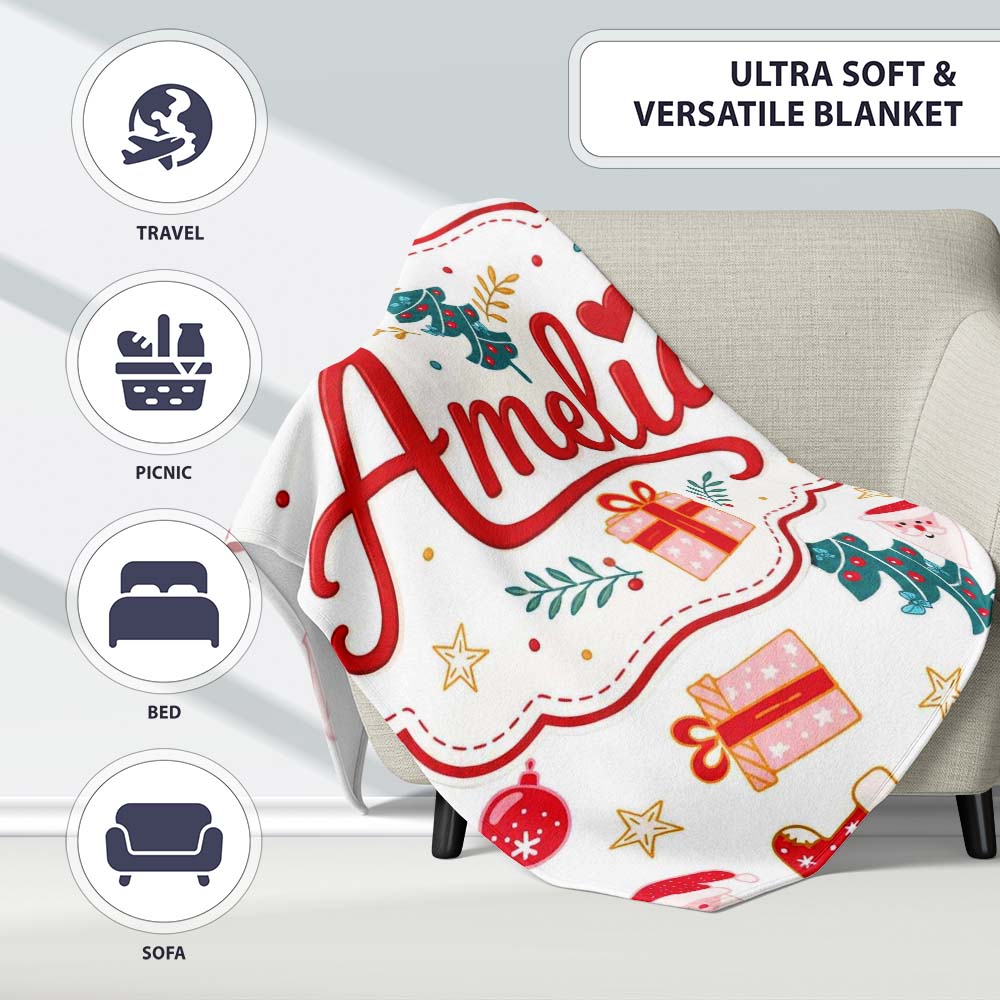 Cute Snowman Santa Tree Gifts Stars Holiday Seamless Pattern Lovely  Personalised Custom Name Super Soft Fleece Blanket Bed Sofa Throw