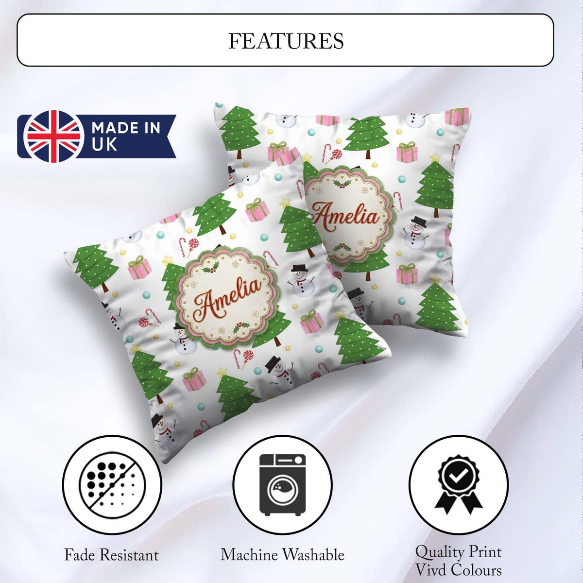 Custom Name Cute Snowman Christmas Tree Candy Cane Gifts Pattern Square Filled Cushion Throw Pillow Sofa Bed Home Decor Zip Washable UK Made