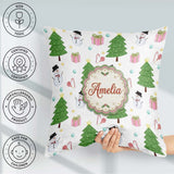 Custom Name Cute Snowman Christmas Tree Candy Cane Gifts Pattern Square Filled Cushion Throw Pillow Sofa Bed Home Decor Zip Washable UK Made