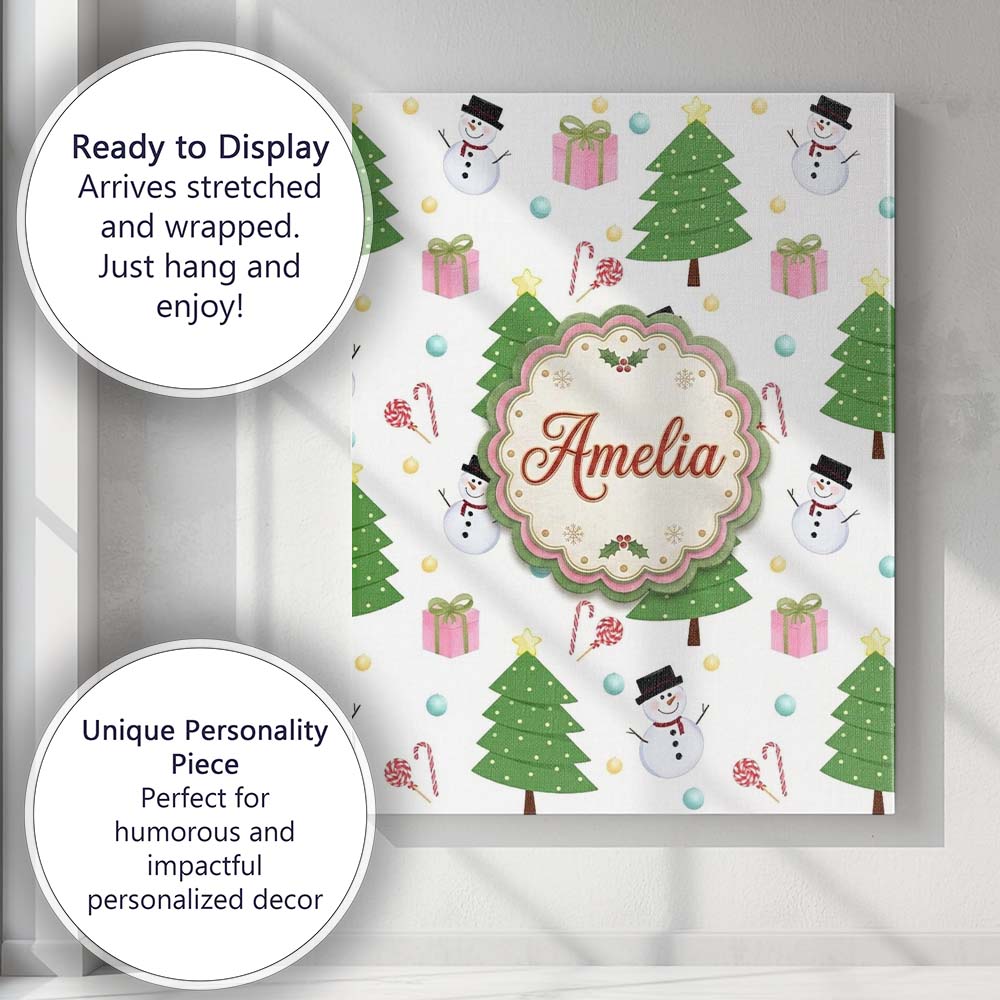 Personalised Name Cute Snowman Christmas Custom  Unique Gift Idea Elegant Feature Canvas Wall Art Print Decor Picture Ready to Hang