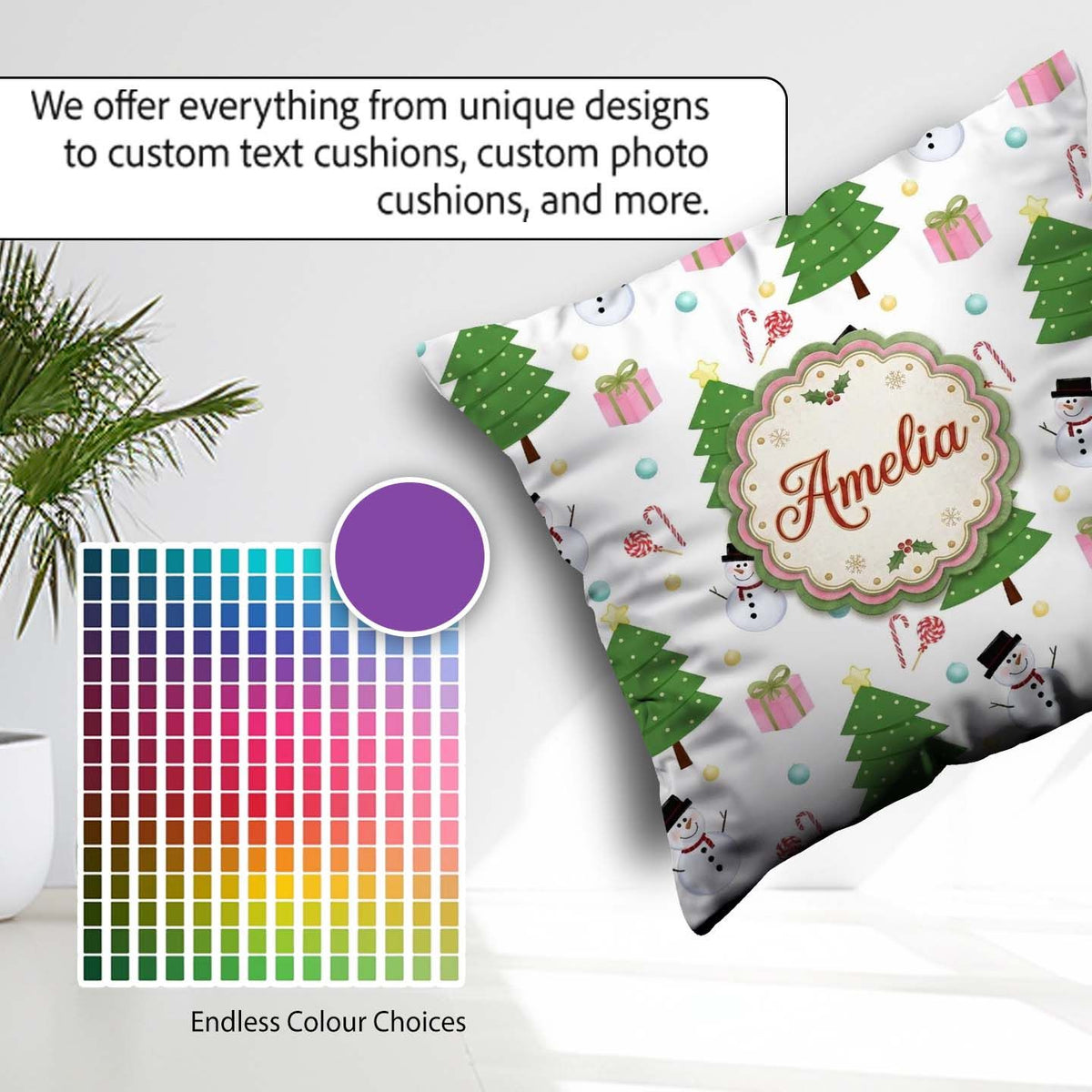 Custom Name Cute Snowman Christmas Tree Candy Cane Gifts Pattern Square Filled Cushion Throw Pillow Sofa Bed Home Decor Zip Washable UK Made