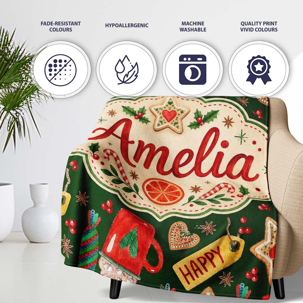 Watercolor Christmas  Cookies Candy Orange Festive Seamless  Personalised Custom Name Super Soft Fleece Blanket Bed Sofa Throw