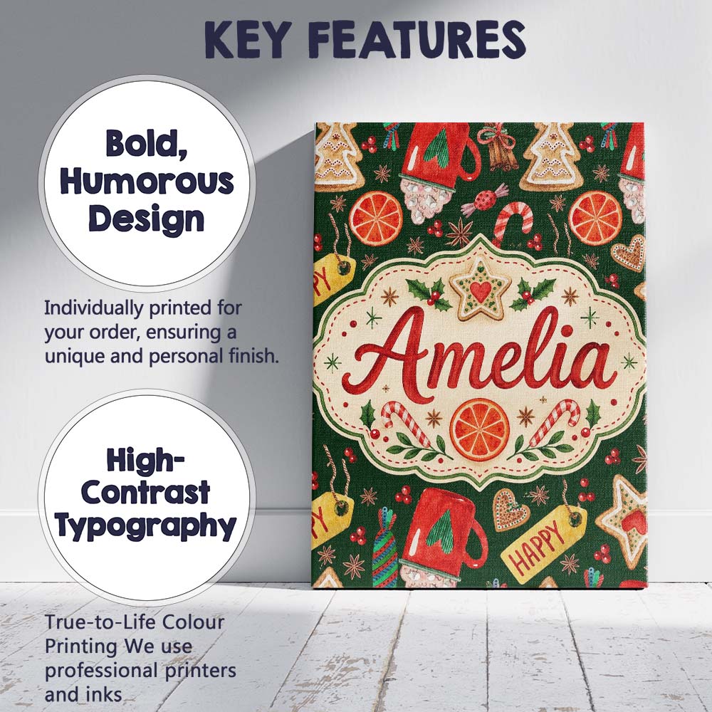 Personalised Name Watercolor Christmas Custom  Modern Room Accent Elegant Feature Canvas Wall Art Print Decor Picture Ready to Hang
