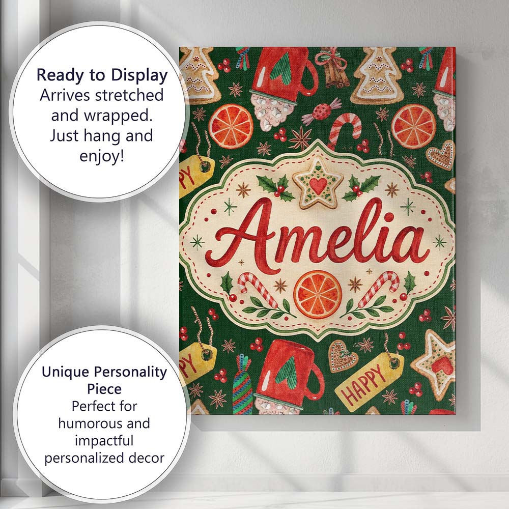 Personalised Name Watercolor Christmas Custom  Modern Room Accent Elegant Feature Canvas Wall Art Print Decor Picture Ready to Hang
