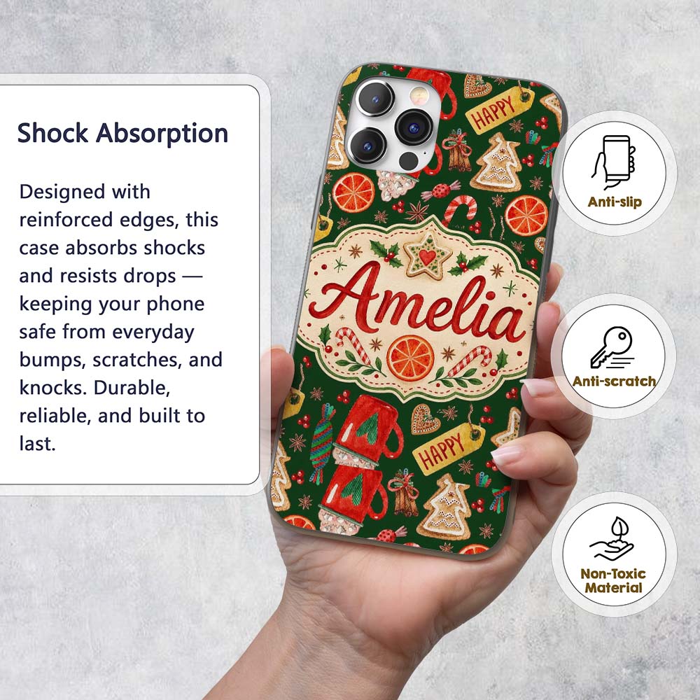 Watercolor Christmas Cookies Candy Orange Festive Custom Name Protective Phone Case Mobile Cover Durable Everyday Smartphone Shock Resistant