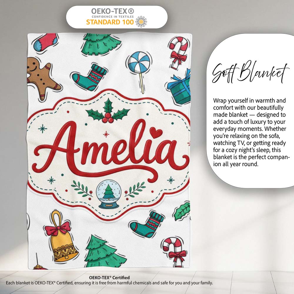 Cute Gingerbread Cookie Ornament Bell Tree Seamless Pattern Lovely  Personalised Custom Name Super Soft Fleece Blanket Bed Sofa Throw