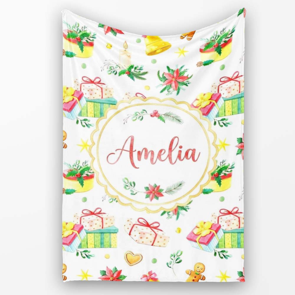 Watercolor Christmas Gifts Candle Poinsettia Seamless Pattern Lovely  Personalised Custom Name Super Soft Fleece Blanket Bed Sofa Throw