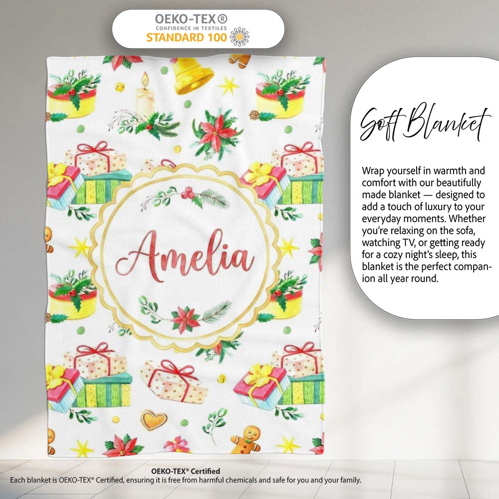 Watercolor Christmas Gifts Candle Poinsettia Seamless Pattern Lovely  Personalised Custom Name Super Soft Fleece Blanket Bed Sofa Throw