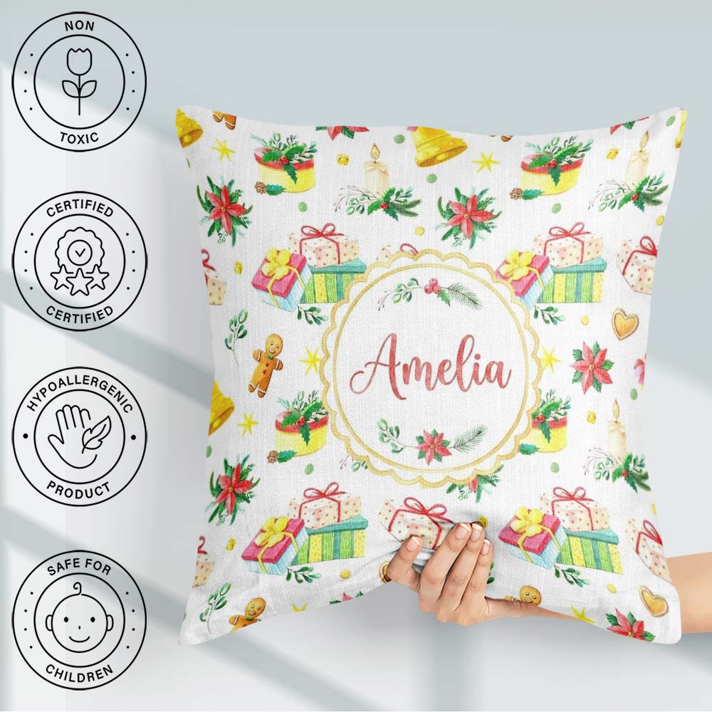 Custom Name Watercolor Christmas Gifts Candle Poinsettia Pattern Square Filled Cushion Throw Pillow Sofa Bed Home Decor Zip Washable UK Made