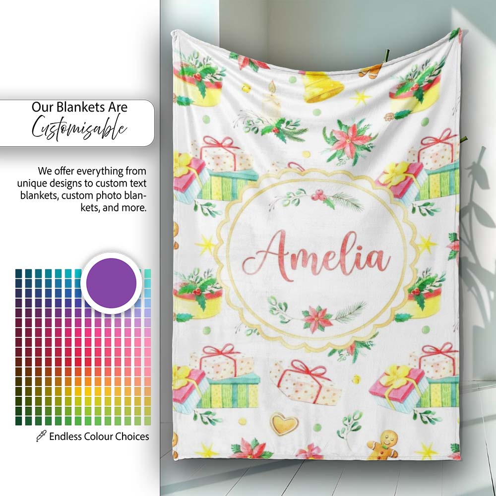 Watercolor Christmas Gifts Candle Poinsettia Seamless Pattern Lovely  Personalised Custom Name Super Soft Fleece Blanket Bed Sofa Throw
