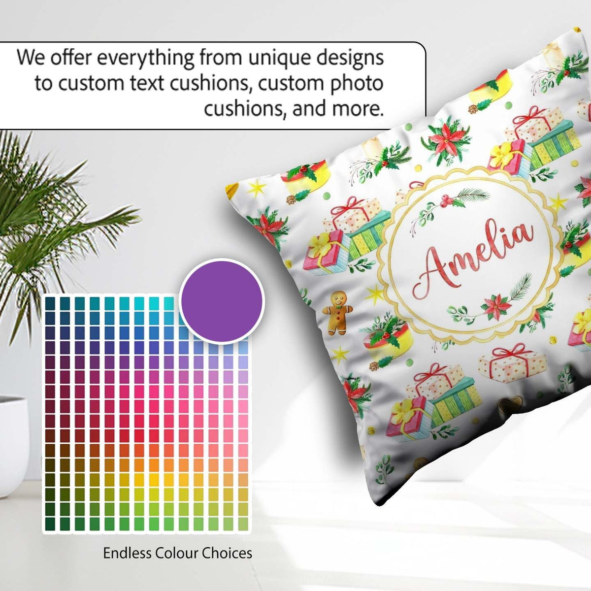 Custom Name Watercolor Christmas Gifts Candle Poinsettia Pattern Square Filled Cushion Throw Pillow Sofa Bed Home Decor Zip Washable UK Made