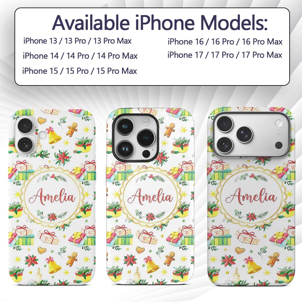 Watercolor Christmas Gifts Candle Poinsettia Custom Name Protective Phone Case Mobile Cover Durable Everyday Smartphone Shock Resistant