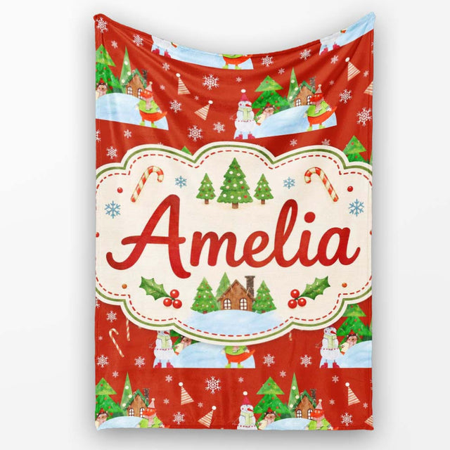 Cute Winter Snowman Bird Christmas Scene Red Seamless Pattern Lovely  Personalised Custom Name Super Soft Fleece Blanket Bed Sofa Throw