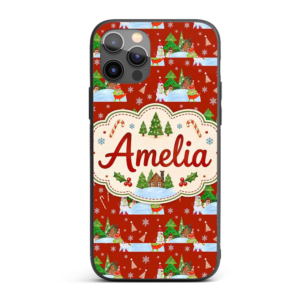 Cute Winter Snowman Bird Christmas Scene Red Custom Name Protective Phone Case Mobile Cover Durable Everyday Smartphone Shock Resistant