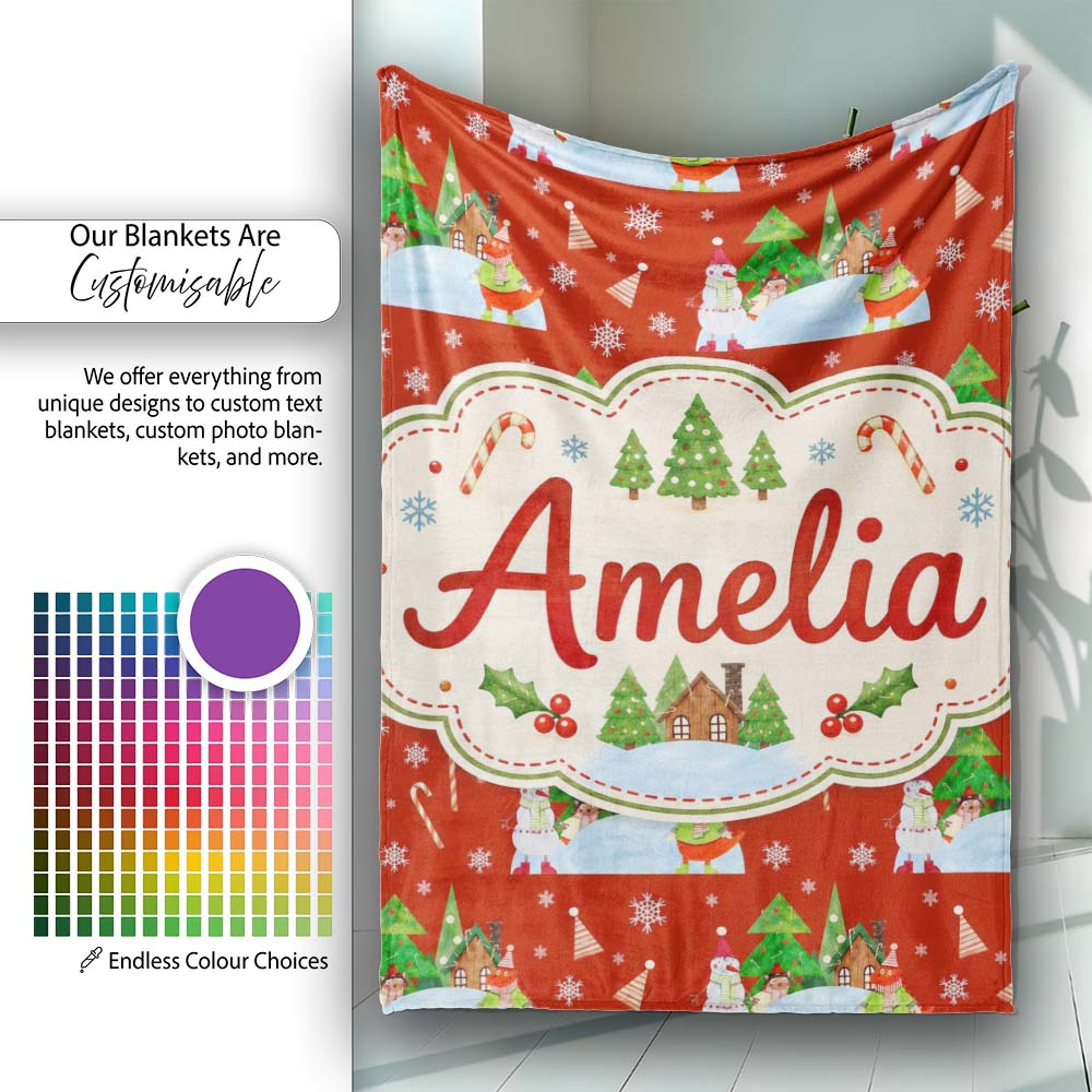 Cute Winter Snowman Bird Christmas Scene Red Seamless Pattern Lovely  Personalised Custom Name Super Soft Fleece Blanket Bed Sofa Throw