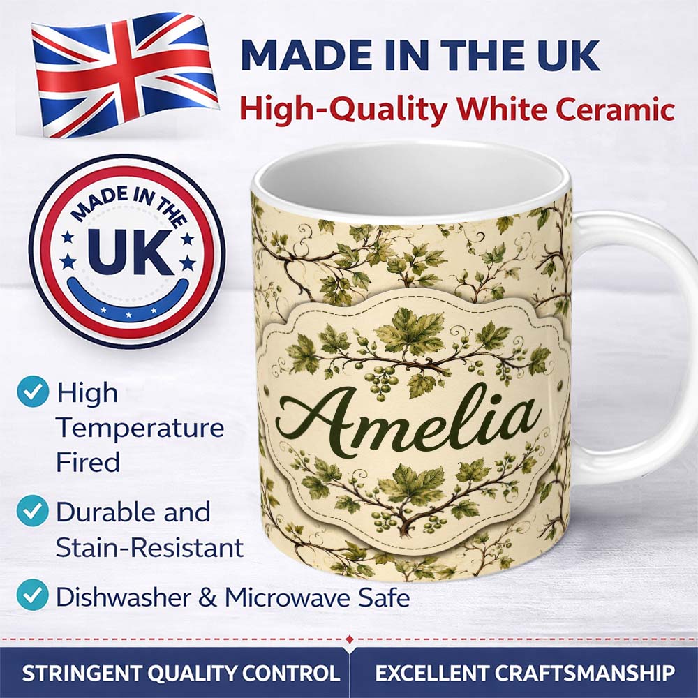 Personalized Custom Name Natural Woodland Vine Leaves Seamless Pattern Charming Kitchen Decor 11oz Ceramic Coffee Tea Mug White Large Handle