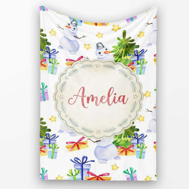 Cute Watercolor Snowman Christmas Tree Gifts Stars Seamless Pattern  Personalised Custom Name Super Soft Fleece Blanket Bed Sofa Throw