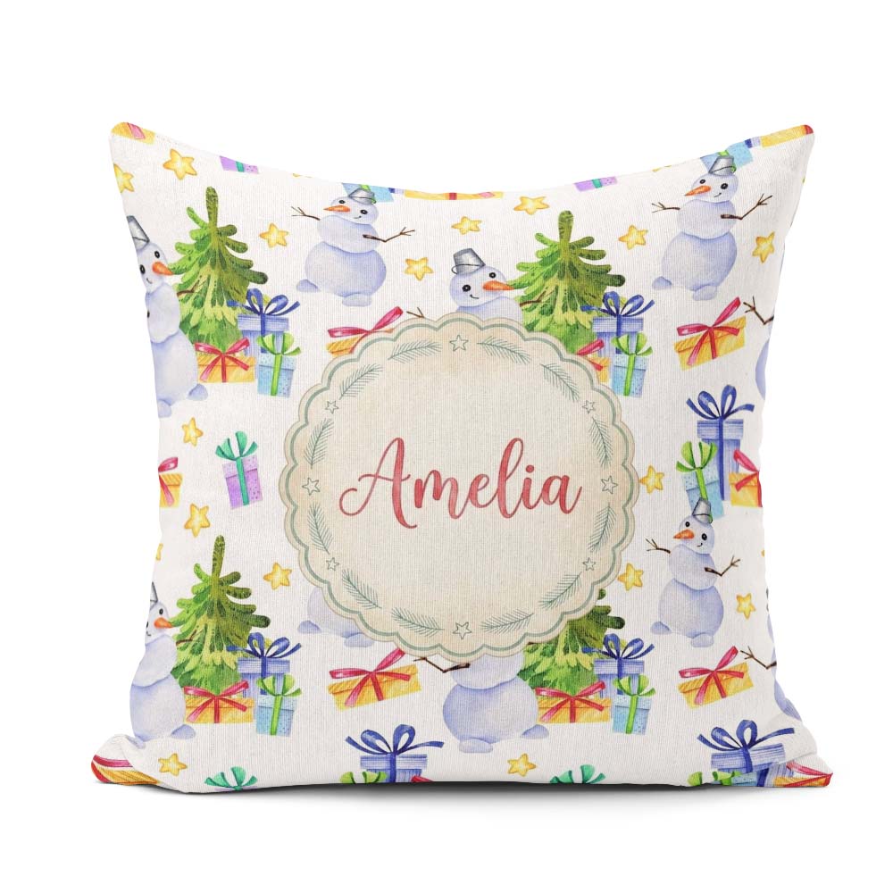 Custom Name Watercolor Snowman Tree Gifts Stars Seamless Pattern Square Filled Cushion Throw Pillow Sofa Bed Home Decor Zip Washable UK Made