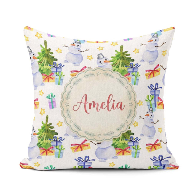 Custom Name Watercolor Snowman Tree Gifts Stars Seamless Pattern Square Filled Cushion Throw Pillow Sofa Bed Home Decor Zip Washable UK Made