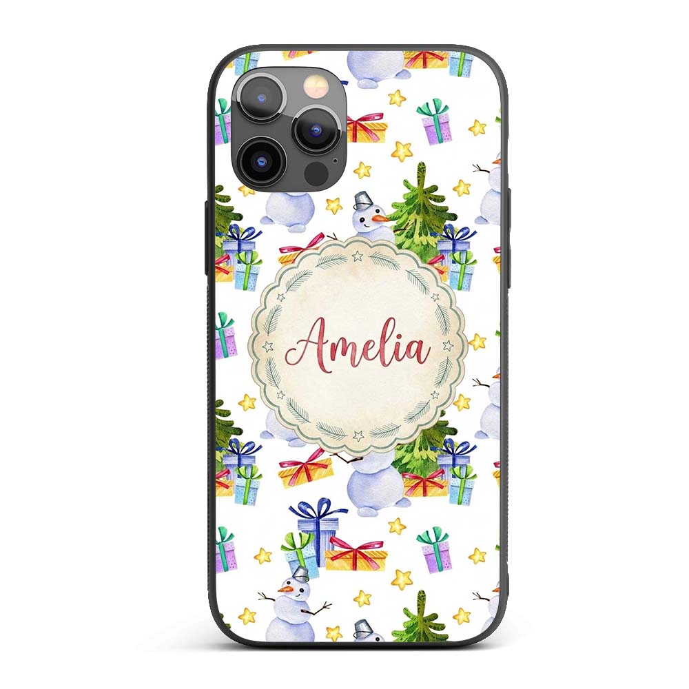 Cute Watercolor Snowman Christmas Tree Gifts Custom Name Protective Phone Case Mobile Cover Durable Everyday Smartphone Shock Resistant