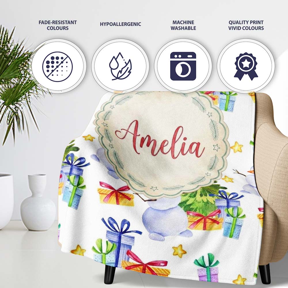 Cute Watercolor Snowman Christmas Tree Gifts Stars Seamless Pattern  Personalised Custom Name Super Soft Fleece Blanket Bed Sofa Throw