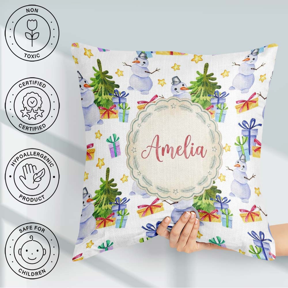 Custom Name Watercolor Snowman Tree Gifts Stars Seamless Pattern Square Filled Cushion Throw Pillow Sofa Bed Home Decor Zip Washable UK Made