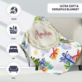 Cute Watercolor Snowman Christmas Tree Gifts Stars Seamless Pattern  Personalised Custom Name Super Soft Fleece Blanket Bed Sofa Throw