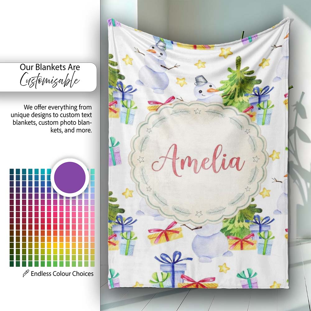 Cute Watercolor Snowman Christmas Tree Gifts Stars Seamless Pattern  Personalised Custom Name Super Soft Fleece Blanket Bed Sofa Throw