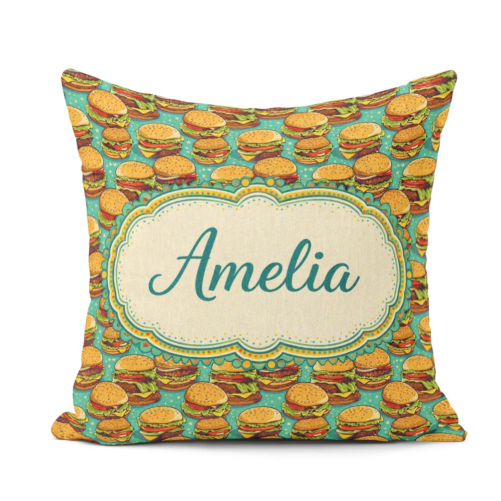 Custom Name Cartoon Teal Star Background Fast Food Design Lovely Square Filled Cushion Throw Pillow Sofa Bed Home Decor Zip Washable UK Made