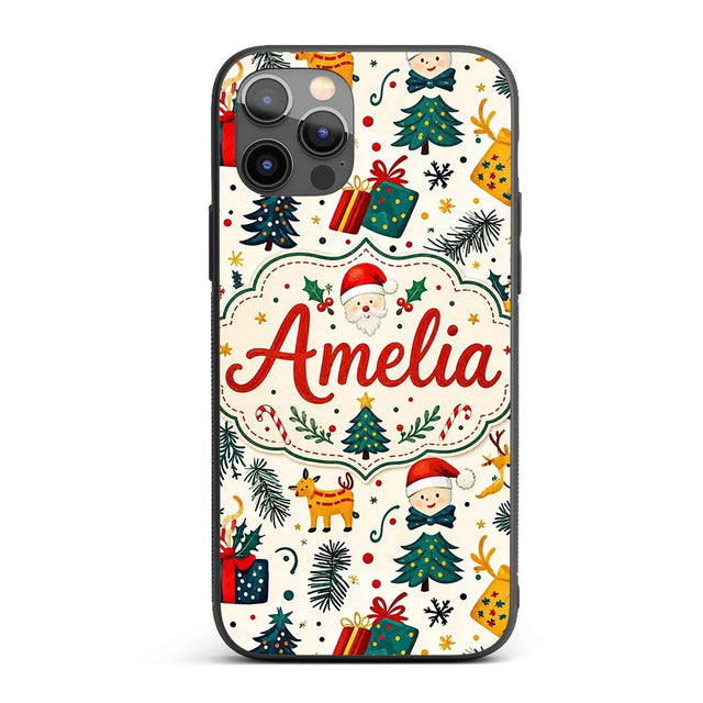 Cute Santa Reindeer Gifts Pine Branch Festive Custom Name Protective Phone Case Mobile Cover Durable Everyday Smartphone Shock Resistant