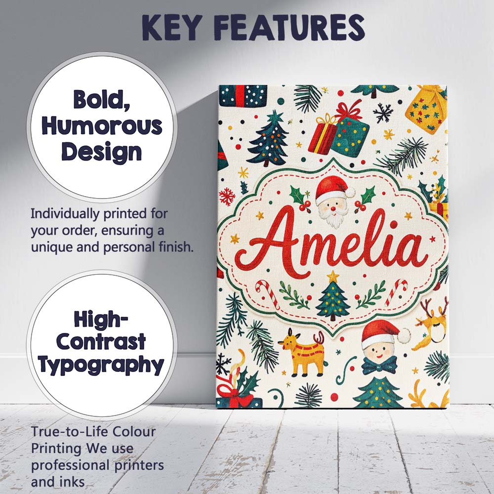 Personalised Name Cute Santa Reindeer Gifts Custom  Bespoke Interior Contemporary Canvas Wall Art Print Decor Picture Ready to Hang